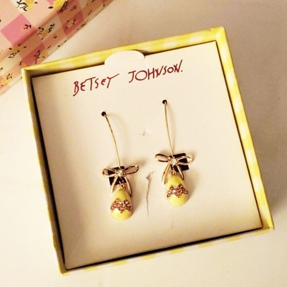 New BETSEY JOHNSON Easter Eggs Gold Bows Dangle Rhinestones Earrings - Picture 2 of 3